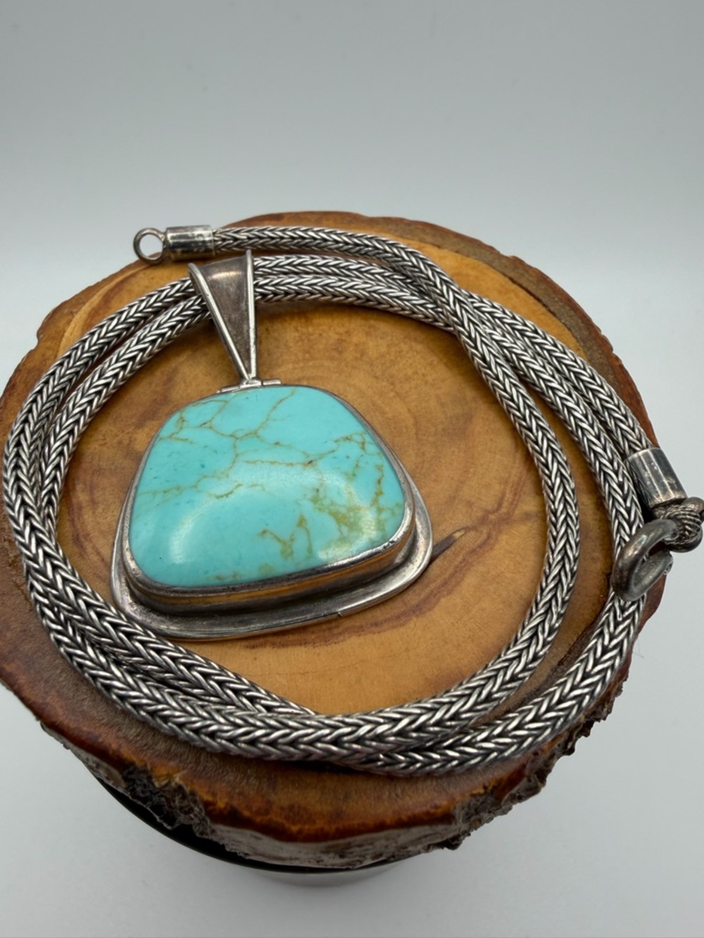 Vintage Sterling Silver 16” Necklace with Turquoise Pendant 36.8g